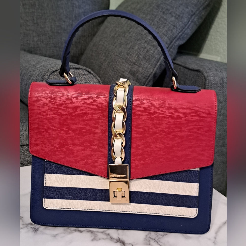 Aldo Red and Blue Satchel with Gold Hardware